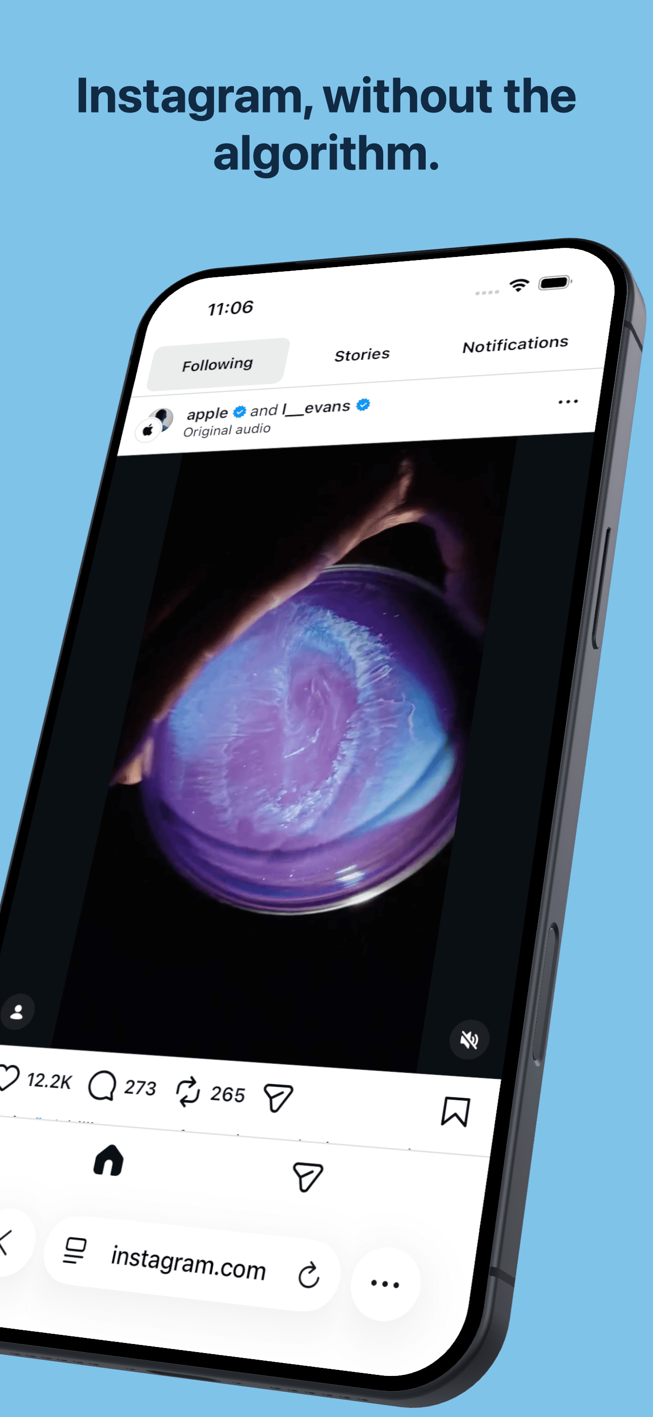 Instagram in Safari with ZuckOff: a Following feed, Stories, and messages, without Explore or a Reels feed.